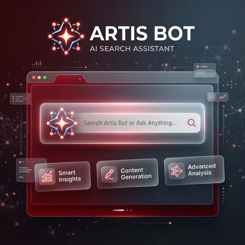 Artis Bot AI Search Assistant interface with search bar, Smart Insights, Content Generation, and Advanced Analysis.