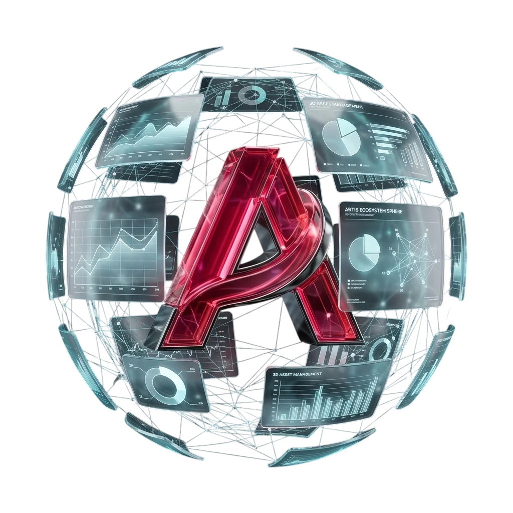 Red 3D 'A' within a holographic sphere of screens showing data analytics for Artis Ecosystem and 3D Asset Management.