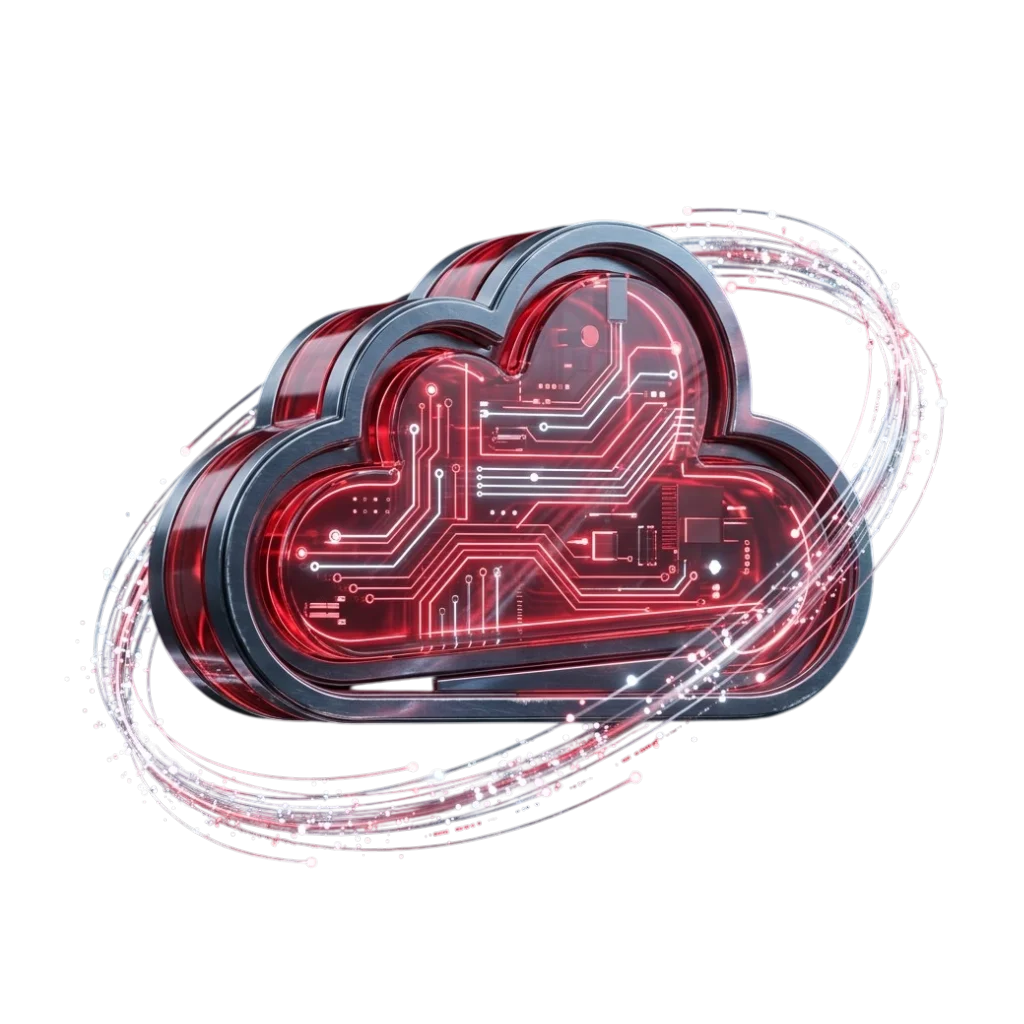 Cloud computing icon with red glowing circuit board and swirling data streams.