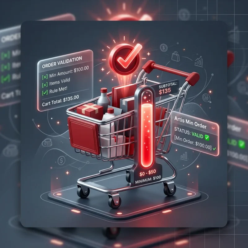 E-commerce shopping cart with items, glowing checkmark, and successful order validation for minimum amount.