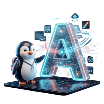Cute penguin mascot points to a glowing, circuit-patterned AI letter A with cloud, data, and coding icons.