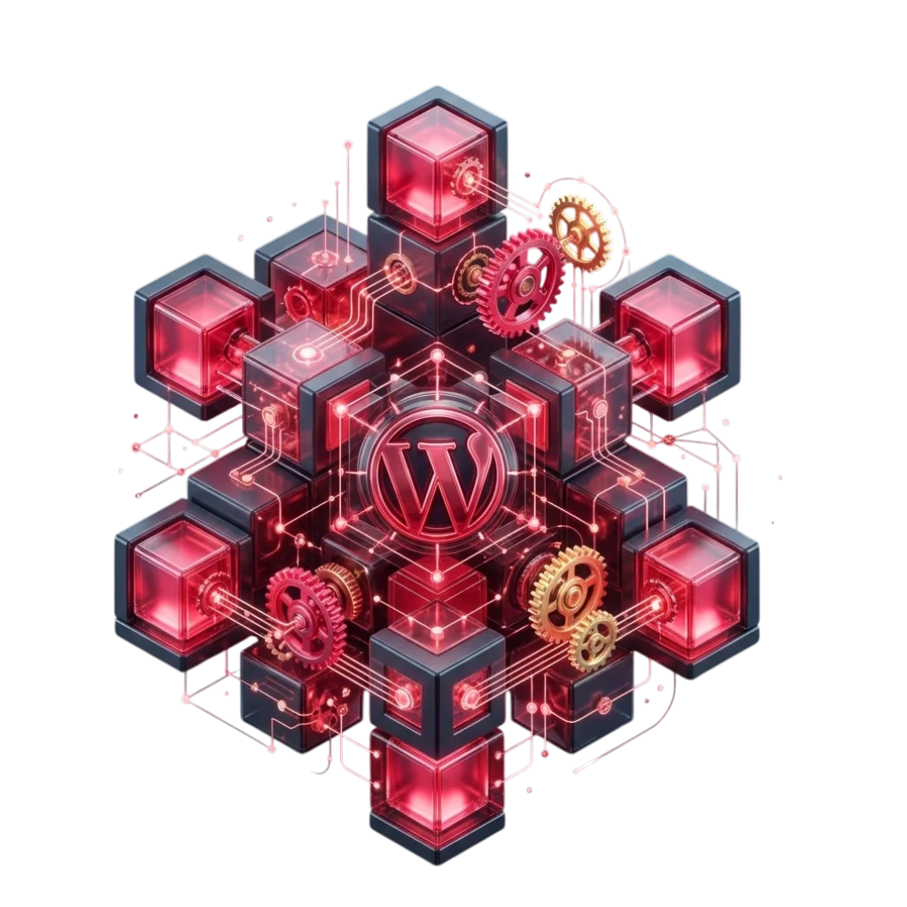 WordPress ecosystem with interconnected glowing red cubes, gears, and digital circuits.