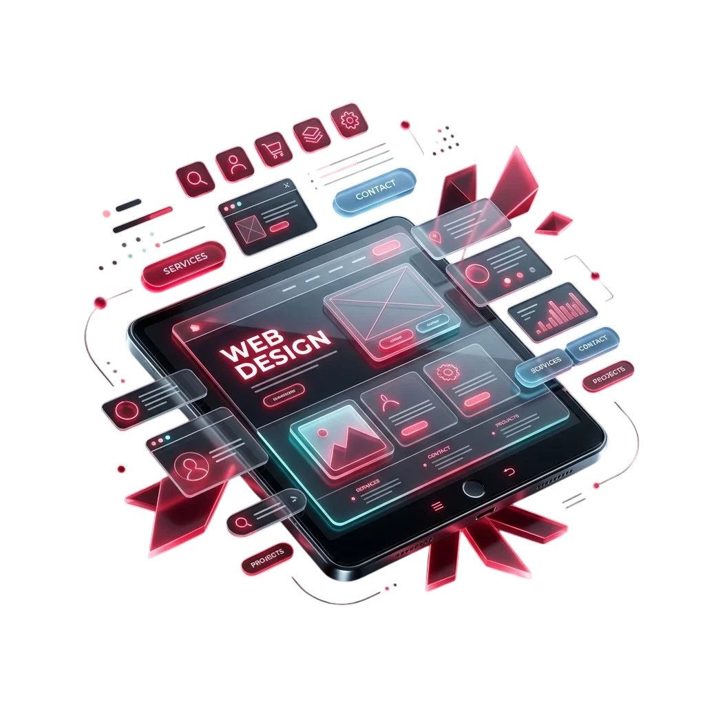Modern tablet with glowing 'WEB DESIGN' interface and floating UI components for digital services.