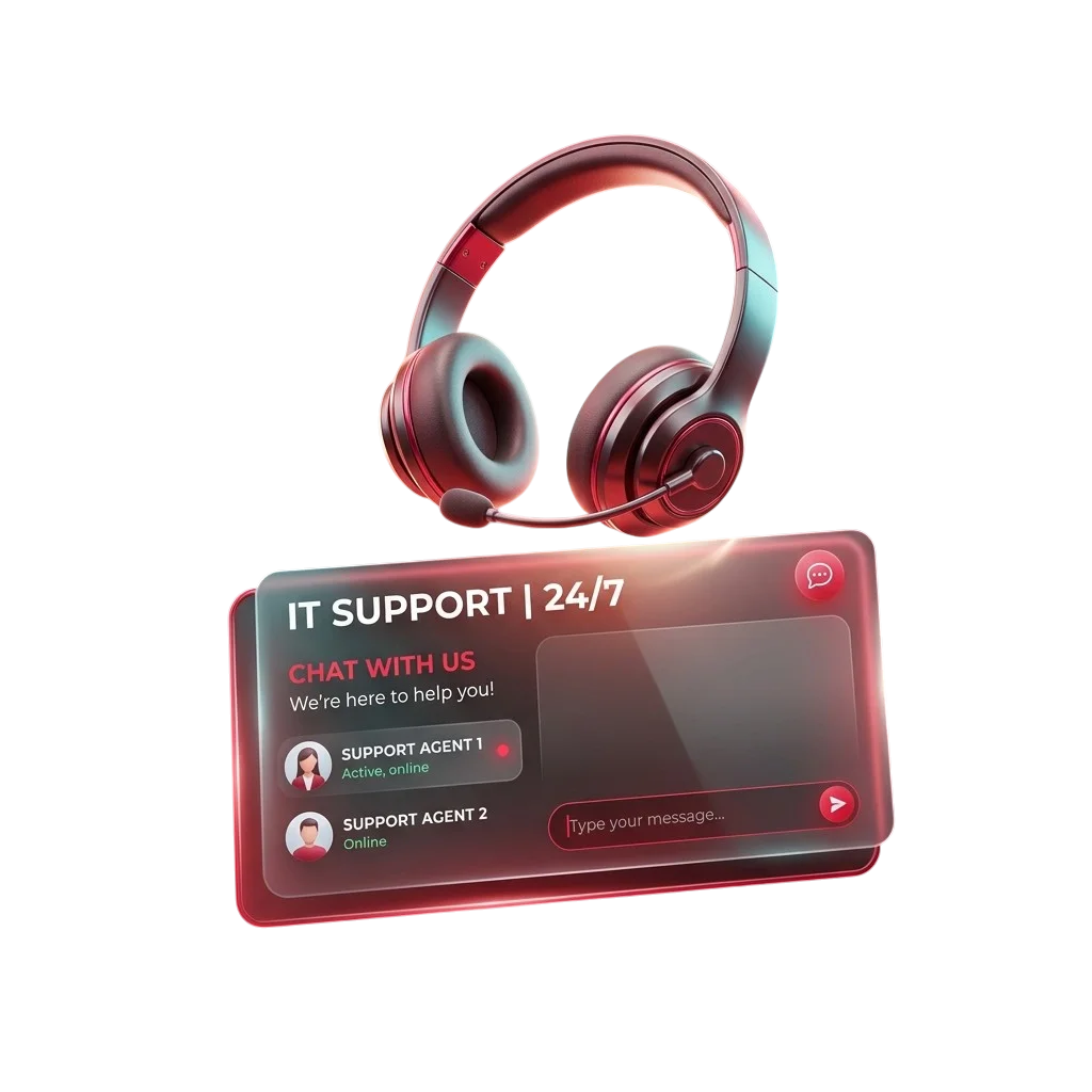 Headset with microphone above a 24/7 IT support chat interface with online agents.